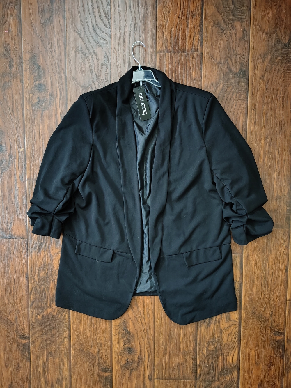 NWT BooHoo ruched sleeve black blazer jacket business casual Size 24